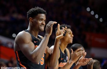 University of Florida center John Egbunu cheers on his teammates during a win over the Tennessee Volunteers- Florida Gators basketball- 1280x852