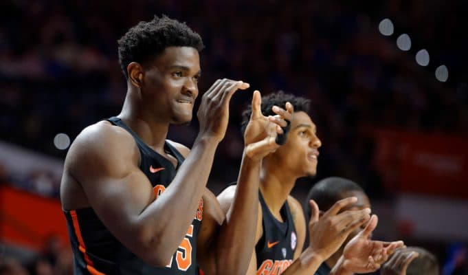 University of Florida center John Egbunu cheers on his teammates during a win over the Tennessee Volunteers- Florida Gators basketball- 1280x852