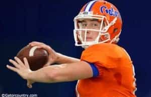 University of Florida freshman quarterback Kyle Trask throws a pass during spring football camp- Florida Gators football- 1280x852
