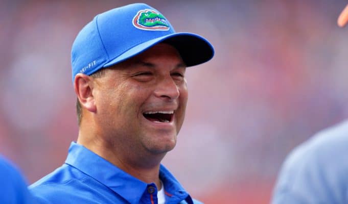 University of Florida co-offensive coordinator Billy Gonzales laughing on the field prior to the Florida Gators 2018 spring game- Florida Gators football- 1280x853