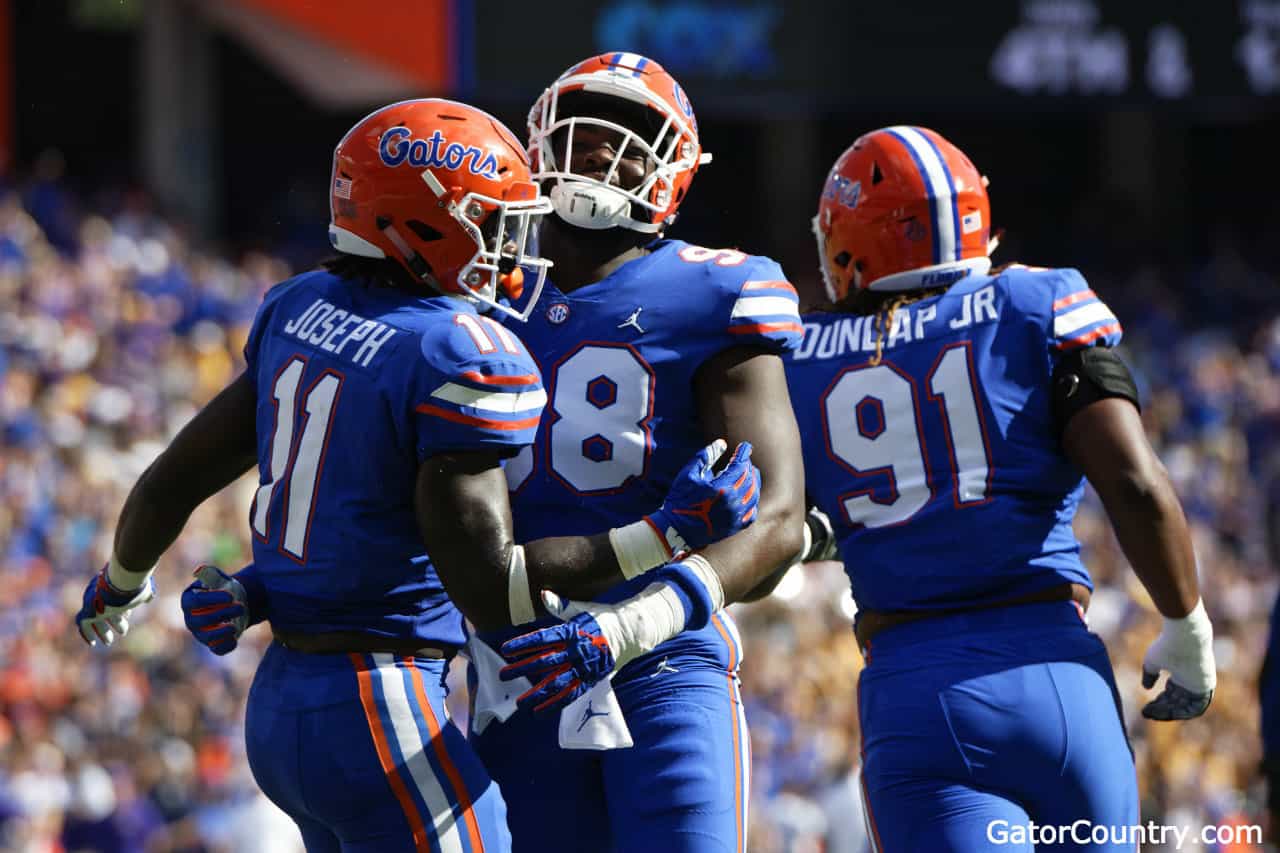 Florida Gators linebacker Vosean Joseph celebrates a sack against LSU ...