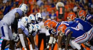 The Florida Gators offense lines up for a play against the Kentucky wildcats in 2018- Florida Gators football- 1280x853