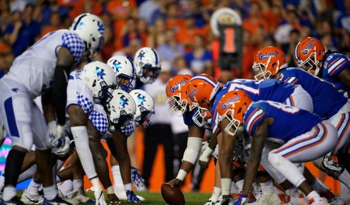 The Florida Gators offense lines up for a play against the Kentucky wildcats in 2018- Florida Gators football- 1280x853