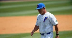 University of Florida head baseball coach Kevin O’Sullivan walks back to the dugout after a mound meeting against Kentucky- Florida Gators baseball- 1280x853