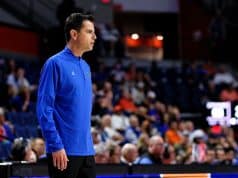Florida Gators head coach Todd Golden during the second half as the Florida Gators mens basketball team hosts the Loyola Greyhounds at Exactech Arena in Gainesville, Florida- 1280x853