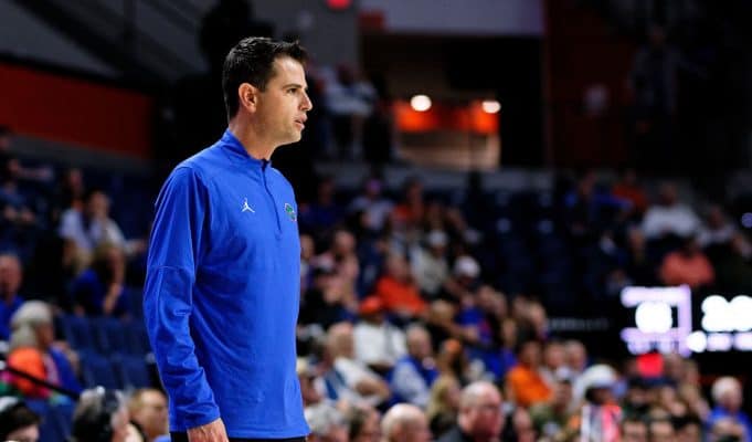 Florida Gators head coach Todd Golden during the second half as the Florida Gators mens basketball team hosts the Loyola Greyhounds at Exactech Arena in Gainesville, Florida- 1280x853