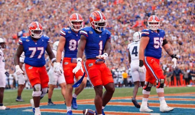 Florida Gators RB Montrell Johnson celebrates against Samford.- 1280x853